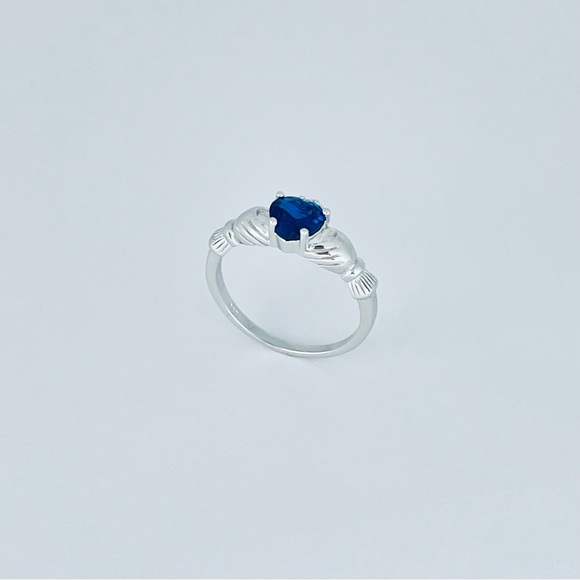 Sterling Silver Claddagh Blue Sapphire CZ Ring, September Birthstone - Picture 2 of 13